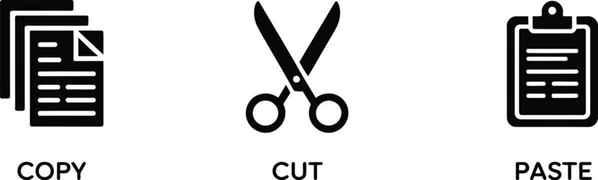 Copy, cut, paste, icons, text editing controls representing clipboard actions document management and productivity applications.