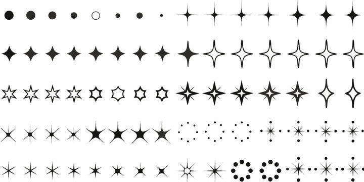 Starburst sparkle pattern with varying shapes black and white vector illustration