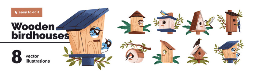 Wooden birdhouses set. Cute houses on trees in park for little birds. Wood shelters in for birdies, bullfinches, sparrows, tits and starlings. Flat isolated vector illustrations on white background © Paper Trident