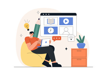 Naklejka premium Online Learning Platform Illustration Featuring E-Learning Courses, Distance Education, Video Tutorials, Digital Study, and Remote Training