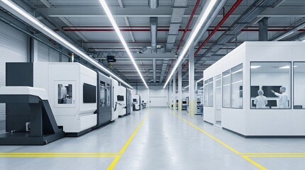 Obraz premium Modern High-Tech Industrial Manufacturing Facility with CNC Machines and Technicians in a Controlled Clean Room Environment