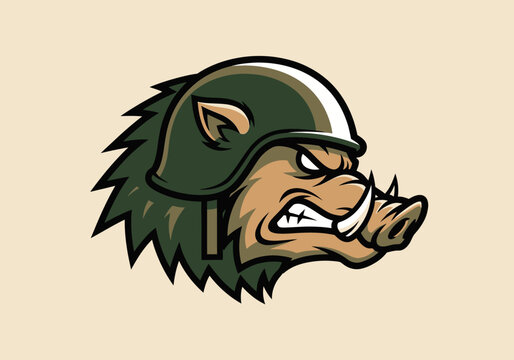Fierce wild boar mascot wearing military helmet logo