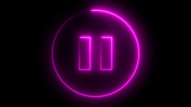 Neon pink glowing pause button symbol with circular loading animation on black background, magenta