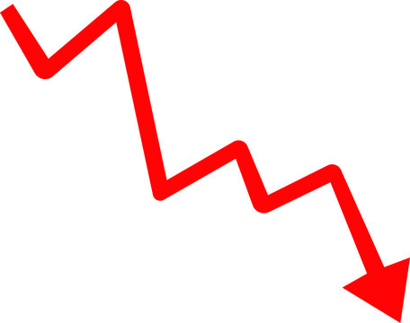 Red descending arrow with sharp zigzag pattern illustrating sales decline, revenue loss, investment risk, market downturn, and finance infographic design