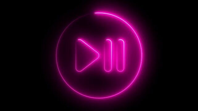 Neon pink play and pause media control animation with glowing circular border light symbol