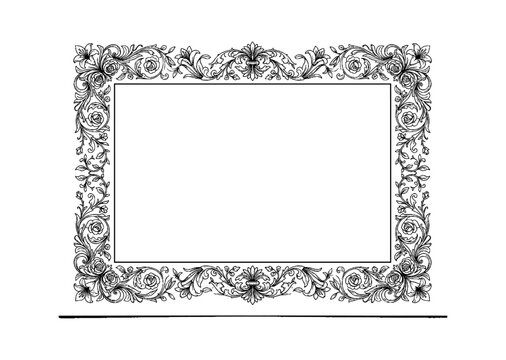 Decorative ornate vintage rectangular picture frame border design with intricate floral and scroll patterns in classic black line art style isolated on transparent background, Vector