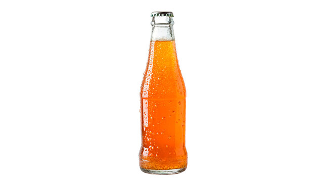 Glass bottle filled with fresh orange juice or soda isolated on transparent background cut out