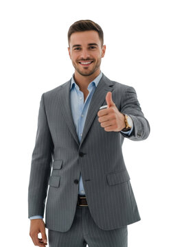 Young caucasian businessman in a tailored gray pinstripe suit giving a confident thumbs up gesture, standing isolated against a seamless bright white high-key studio background. Concept of business