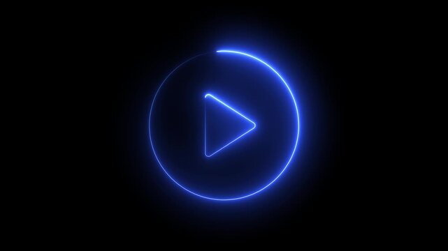 Neon blue glowing play button with circular loading animation on black background
