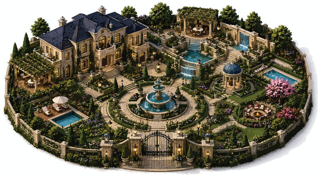 Luxury mansion estate with lush gardens and swimming pools, isometric villa architecture with fountain and gazebo, elegant residential property vector