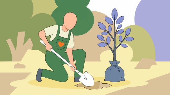 Person planting a tree sapling with a shovel, environmental care concept