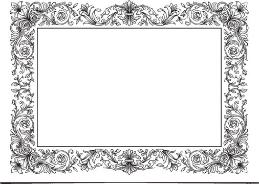 Decorative ornate vintage rectangular picture frame border design with intricate floral and scroll patterns in classic black line art style isolated on transparent background, Vector