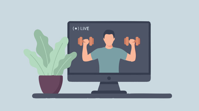 Illustration of man lifting dumbbells in a live online fitness class on computer monitor