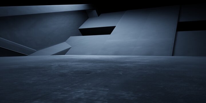 Minimal futuristic 3D showroom dark, geometric architecture, concrete floor. Modern sci-fi background for product display, automotive, advertising, technology, game presentation, luxury, showcase