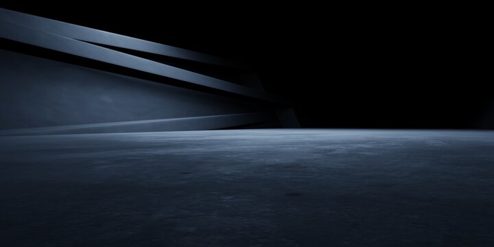 Minimal futuristic 3D showroom dark, geometric architecture, concrete floor. Modern sci-fi background for product display, automotive, advertising, technology, game presentation, luxury, showcase