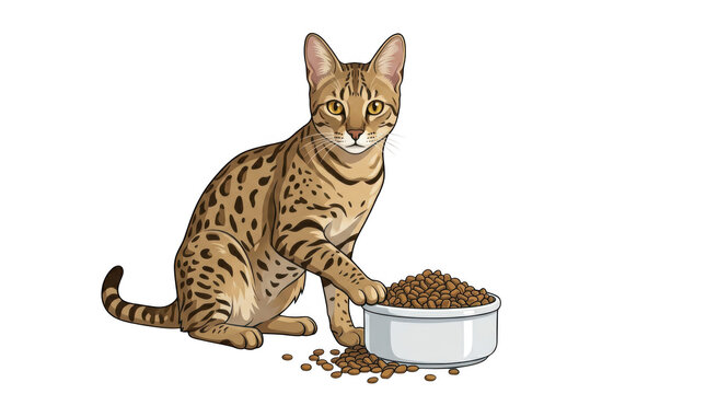 Illustration of a spotted bengal cat sitting next to a bowl of dry food isolated on transparent background