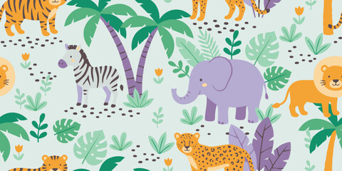 Adorable cartoon safari animals seamless pattern featuring hand drawn tiger, lion, zebra, elephant, leopard, and palm trees for kids textile. © deepika
