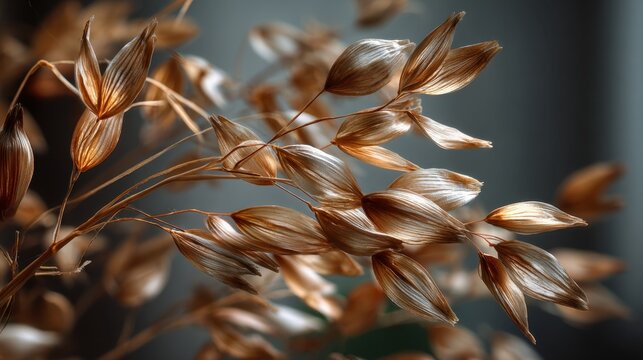 Dried oat stalks with delicate papery husks captured in a close-up macro shot against a soft dark