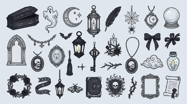 Collection of Gothic and Halloween-themed decorative elements and symbols.