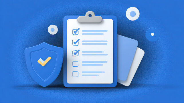 Clipboard with checklist and shield on blue background with security symbols