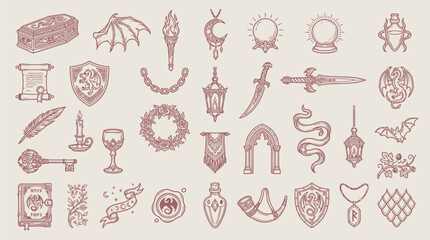 Naklejka premium Collection of fantasy and gothic icons, including mystical symbols, weapons, and decorative elements.