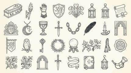 Collection of medieval and fantasy design elements including crests, weapons, and mystical symbols. © KN collection