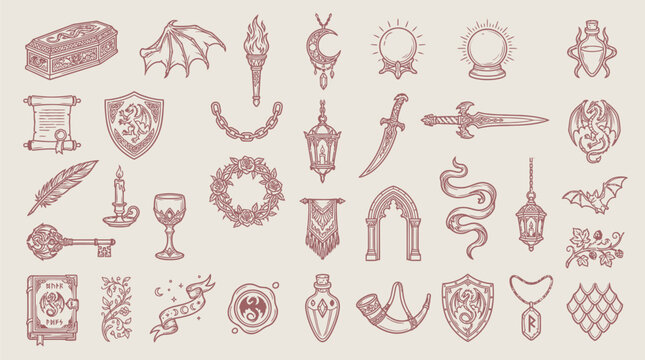 Collection of fantasy and gothic icons, including mystical symbols, weapons, and decorative elements.