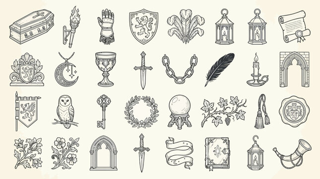 Collection of medieval and fantasy design elements including crests, weapons, and mystical symbols.