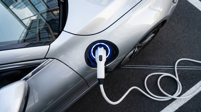Power cable pump plug in charging power to silver electric EV car.  Electric car charging at modern station in urban environment. Sustainable EV technology concept background.