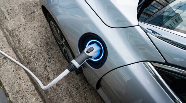 Power cable pump plug in charging power to silver electric EV car.  Electric car charging at modern station in urban environment. Sustainable EV technology concept background.
