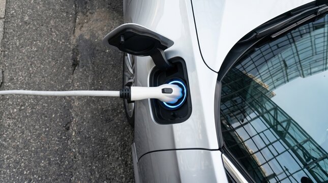 Power cable pump plug in charging power to silver electric EV car.  Electric car charging at modern station in urban environment. Sustainable EV technology concept background.