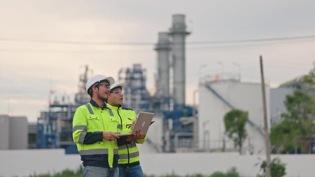 Asian male engineers discussing facility maintenance project during a beautiful sunset evening. Outstanding teamwork prevents hazardous workplace accidents completely. Great execution.