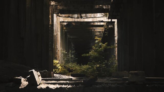 Abandoned Post Apocalyptic Industrial Ruins with Tree in Wind Dark Cinematic Atmosphere, 4K. Historical WWII Nazi synthetic fuel factory (Hydrierwerke P&ouml;litz) in Police, Poland. Audio: wind and rain.