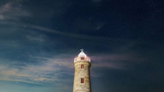 Beautiful nighttime lapse of a historic stone lighthouse under a starry sky with moving clouds