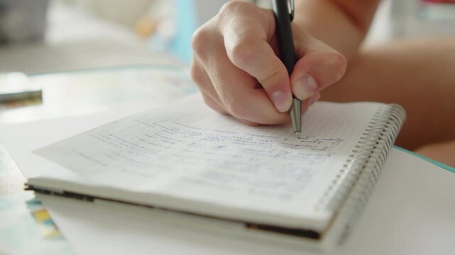 Macro shot of a person journaling in a notebook. Writing in a diary. Self help concept.