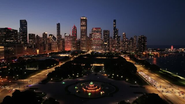 Aerial night view of downtown skyline of Chicago loop area