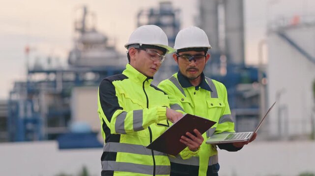Skilled manufacturing team inspecting refinery infrastructure safety outside the modern power station. Reliable infrastructure requires continuous monitoring and careful evaluation.