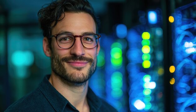 Smiling man with glasses and beard in a data center environment