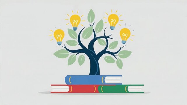 Tree of knowledge animation growing from stacked colorful books with glowing light bulbs representing creative ideas in motion clip