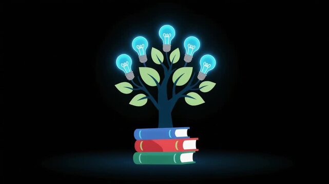 Knowledge tree growing from stack of colorful books with glowing light bulbs in an animated motion graphic video clip
