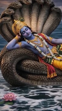 Hindu god Lord Vishnu sleeping on serpent Adishesha in paarkadal ocean of milk