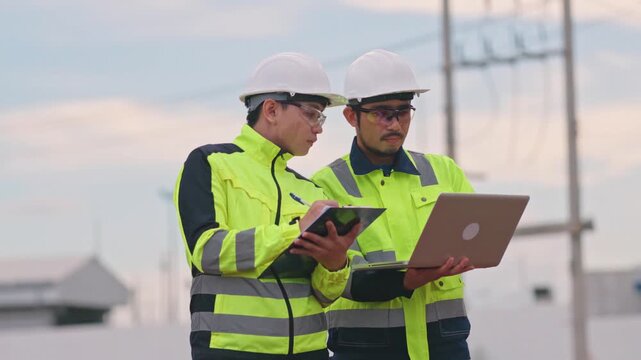 Industrial plant technicians planning energy strategy with clipboard to ensure optimal operational efficiency. Accurate documentation supports future architectural expansion goals.