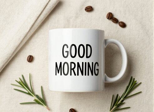 White Ceramic Mug With Phrase Good Morning In Bold Black Capital Letters On Side Placed Centrally Against Neutral Beige Background Calm Warm Atmosphere