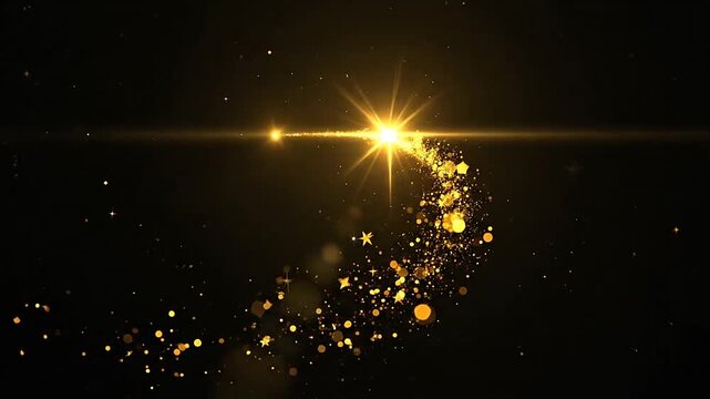 Golden sparkling star trail with glowing particles on a black background