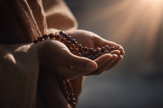 Praying hands holding a rosary with amber beads in warm sunlight