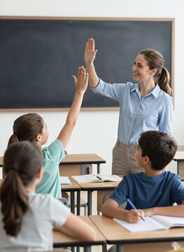 Captures Moment In Educational Environment Main Subject Female Teacher Engaging With Students To Classroom Activity Lesson Evaluation Stands On Right Side Of Frame