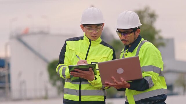 Asian male engineers discussing facility maintenance project while wearing high visibility uniforms. Outstanding teamwork prevents hazardous workplace accidents completely.