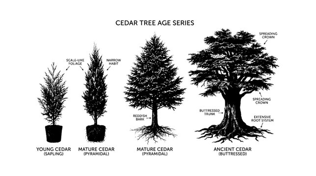 Black and white illustration showing the different growth stages of trees from sapling to mature tree with roots and foliage isolated on transparent background, Vector
