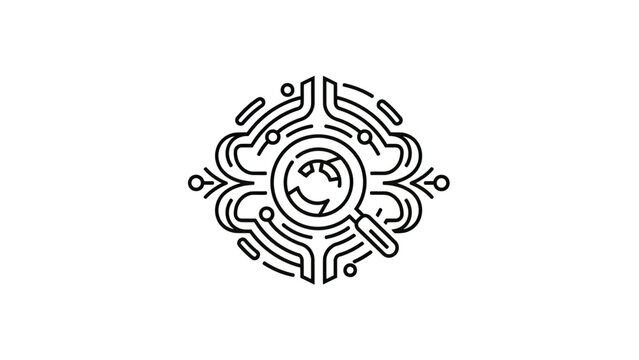 Intricate circular logo featuring a magnifying glass in the center with abstract circuit patterns