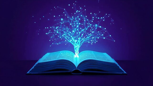 Open book glowing with digital tree network animation concept representing knowledge growth and future technology innovation in motion video footage